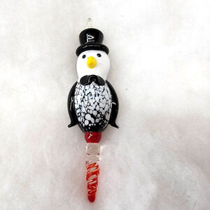 Christmas Penguin Glass w Icicle Kiln Handmade Top Hat Bow Tie Bird Hanging